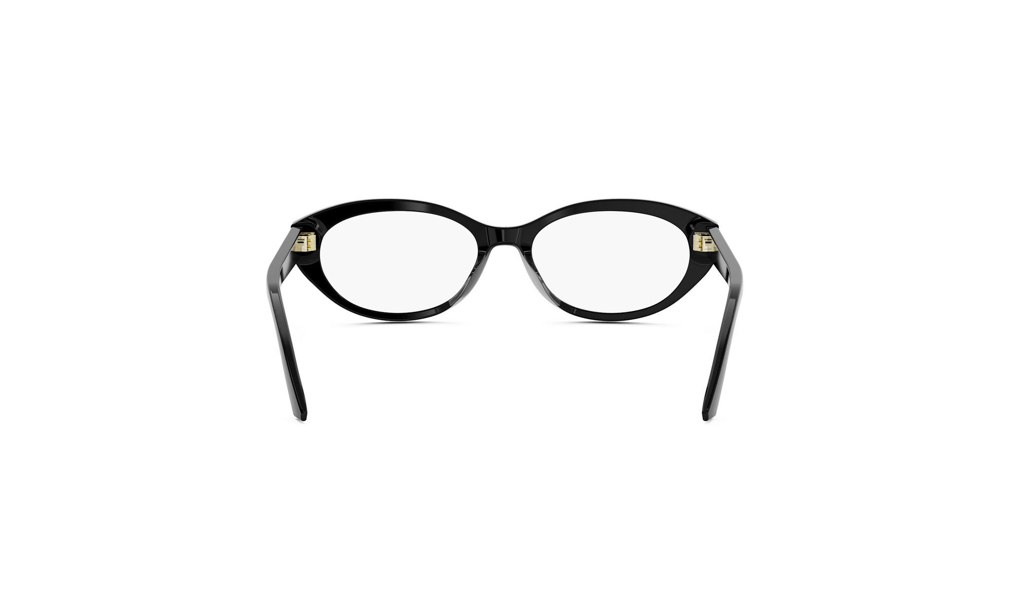 A pair of black cat-eye framed glasses with gold accents.