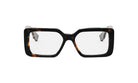 A pair of stylish, black-framed glasses with a distinctive geometric pattern on the temples.