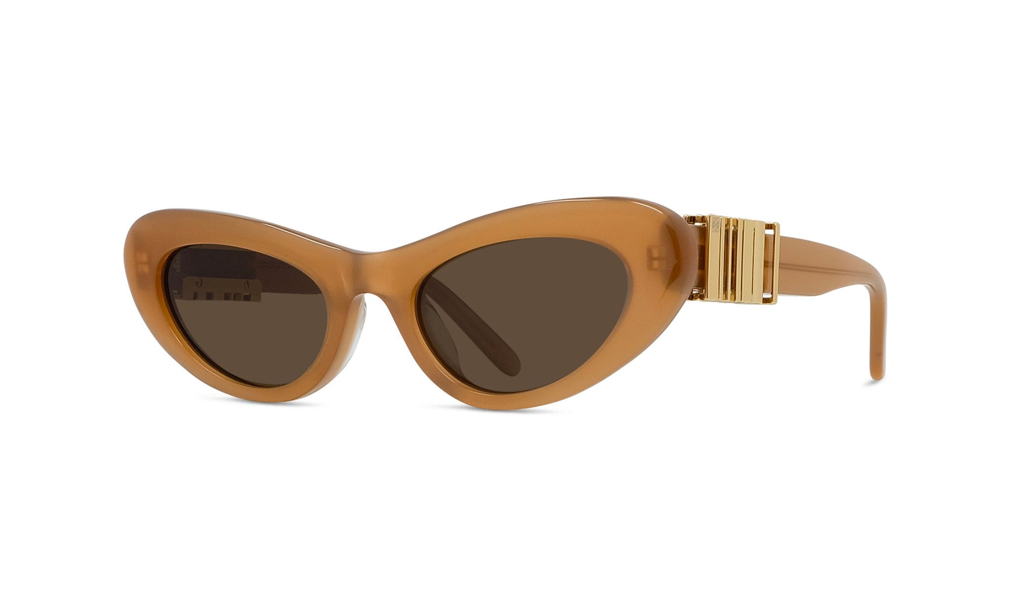 A pair of tan-colored cat-eye sunglasses with a gold-colored frame.
