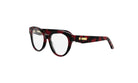 A pair of stylish, tortoiseshell-framed glasses with a bold red and black color scheme.