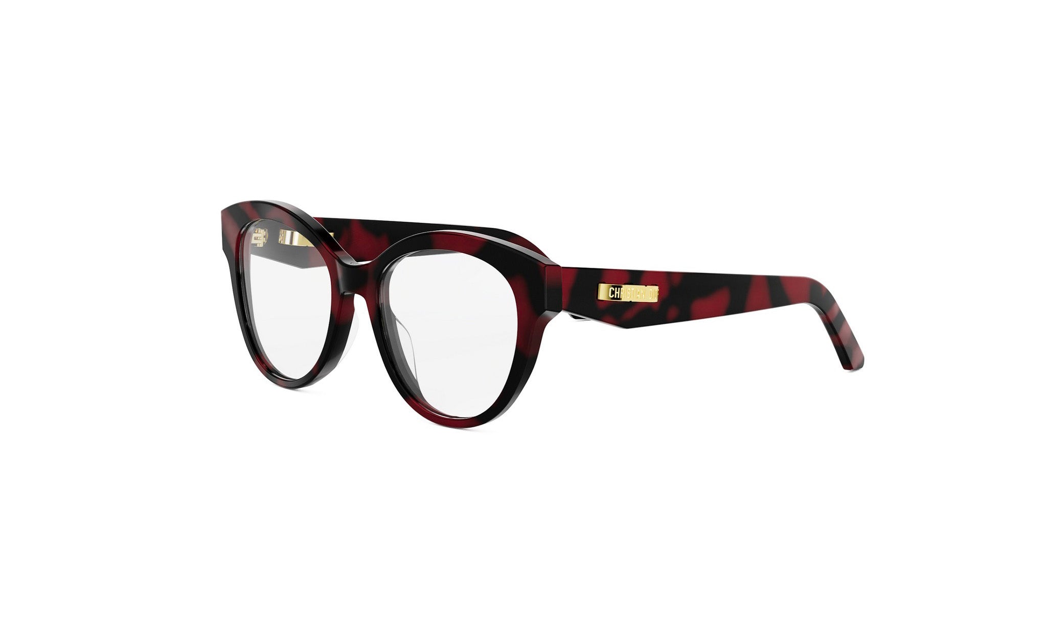 A pair of stylish, tortoiseshell-framed glasses with a bold red and black color scheme.
