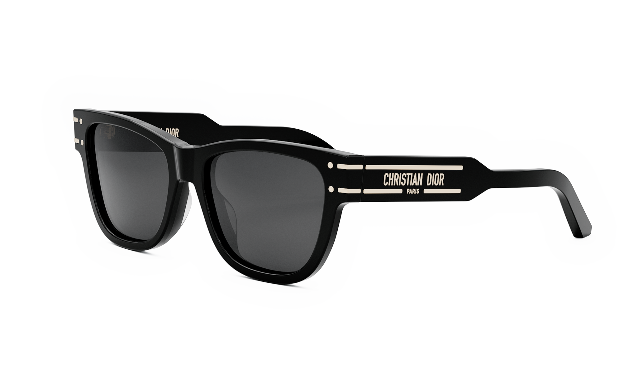 A pair of black sunglasses with the Christian Dior logo on the frame.
