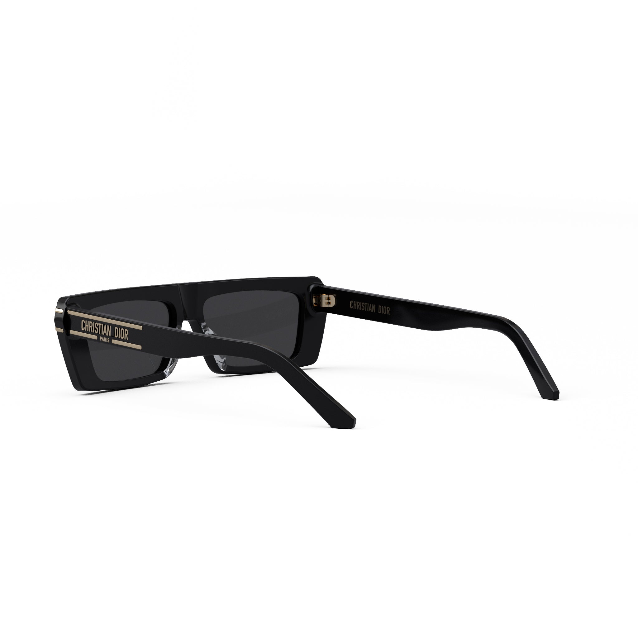A pair of black sunglasses with gold text on the frame.