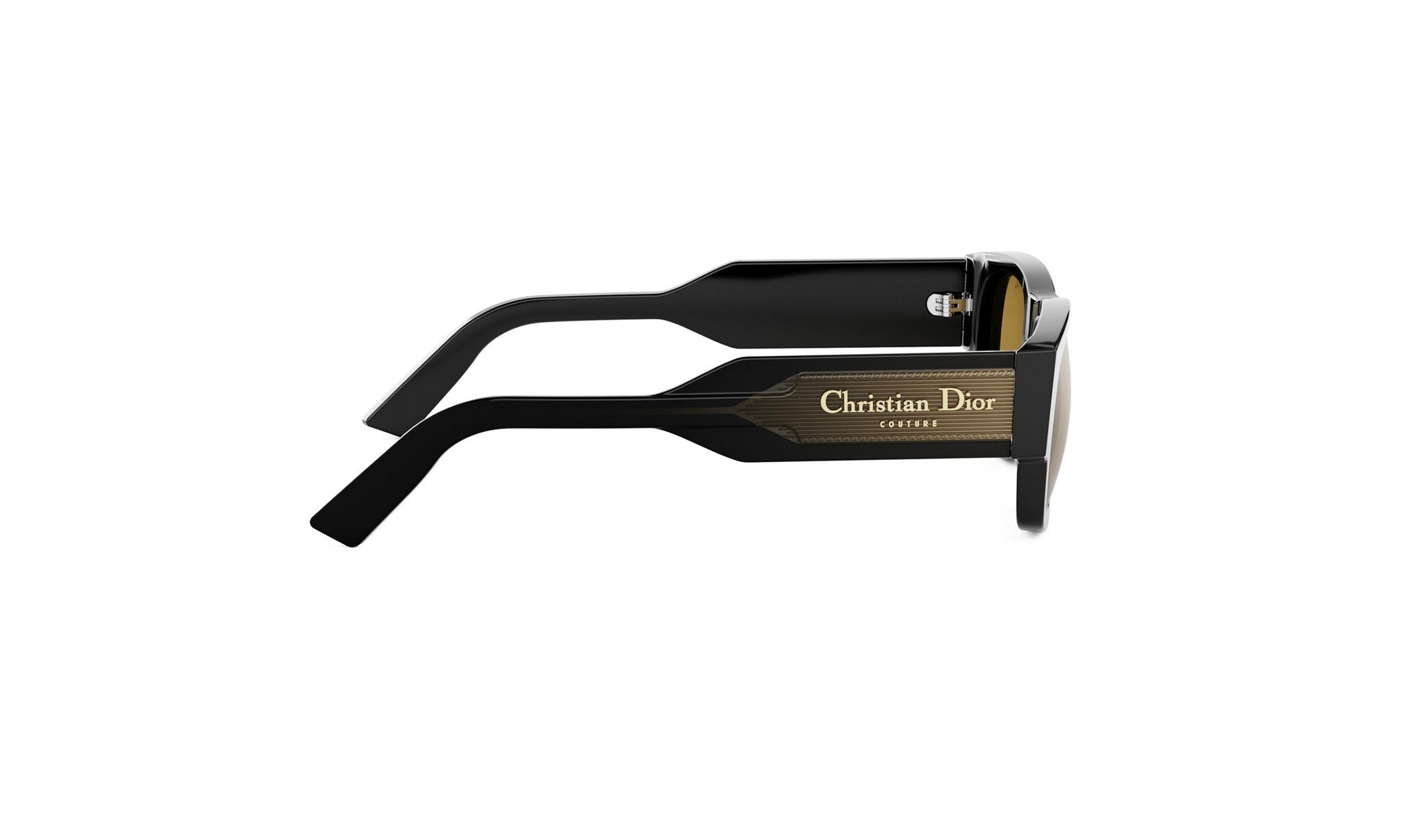 A pair of black sunglasses with the Christian Dior logo on the frame.