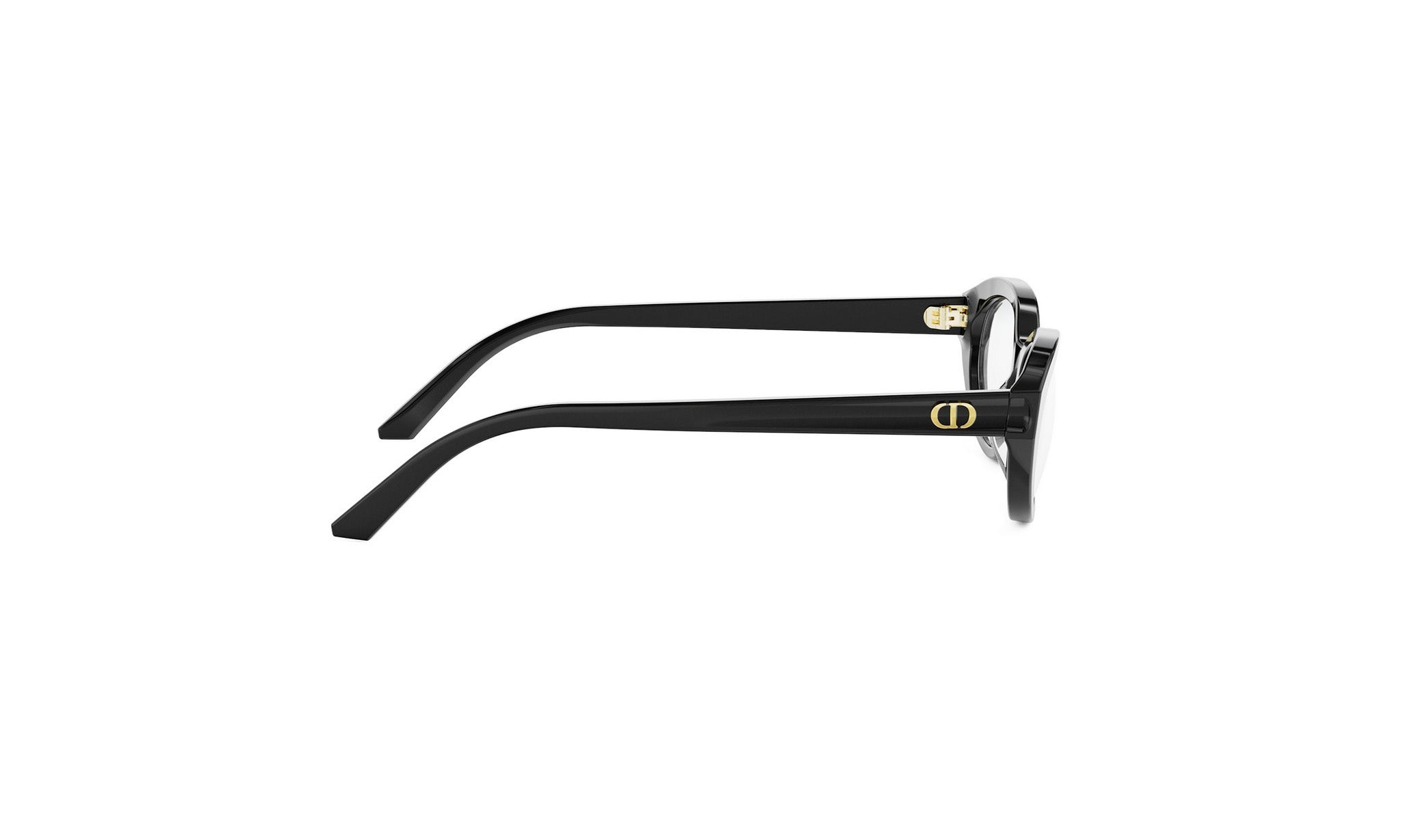 A pair of black-framed glasses with a gold-colored logo on the temples.
