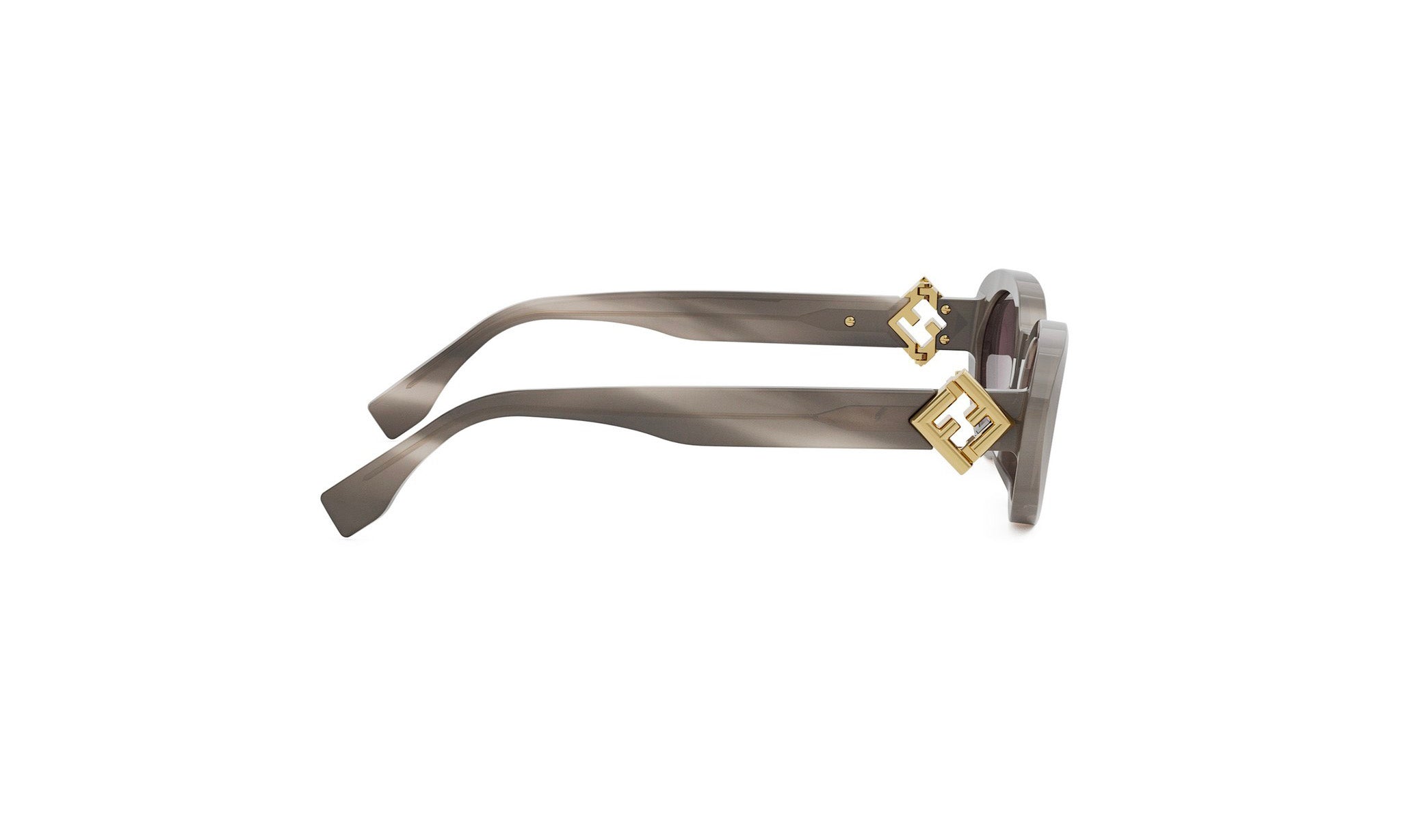 A pair of stylish sunglasses with a gold-colored frame and a distinctive logo.