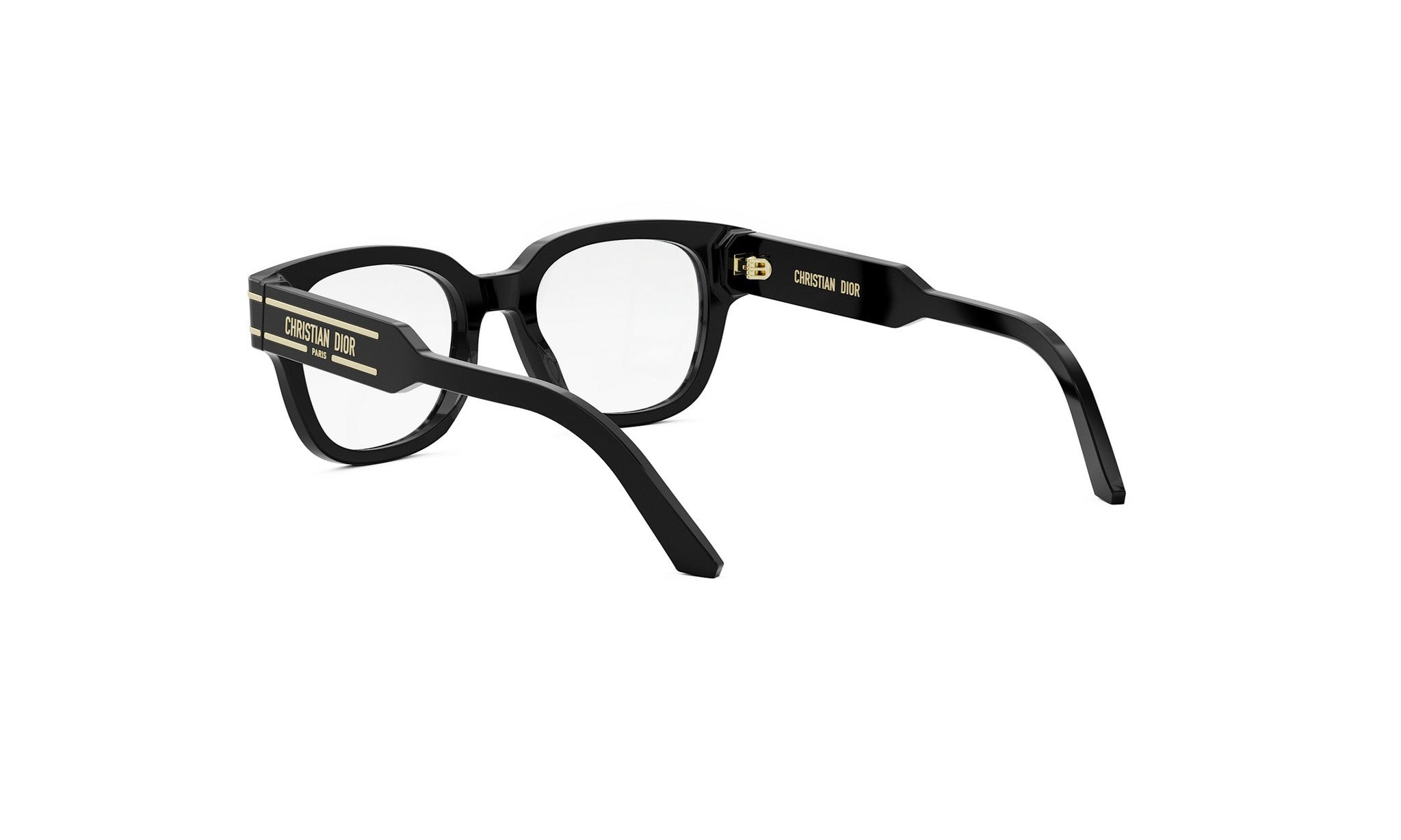 A pair of black-framed glasses with gold accents, featuring the brand name "CHRISTIAN DIOR" on the temples.