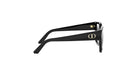 A pair of black sunglasses with a gold logo on the frame.