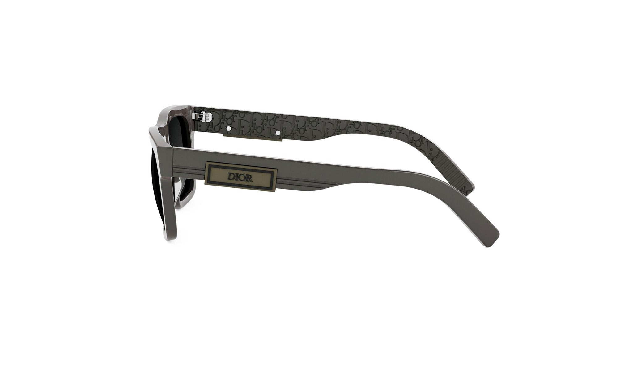 A pair of dark-colored sunglasses with a Dior logo on the frame.