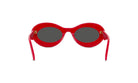 A pair of red, oval-shaped sunglasses with dark lenses.