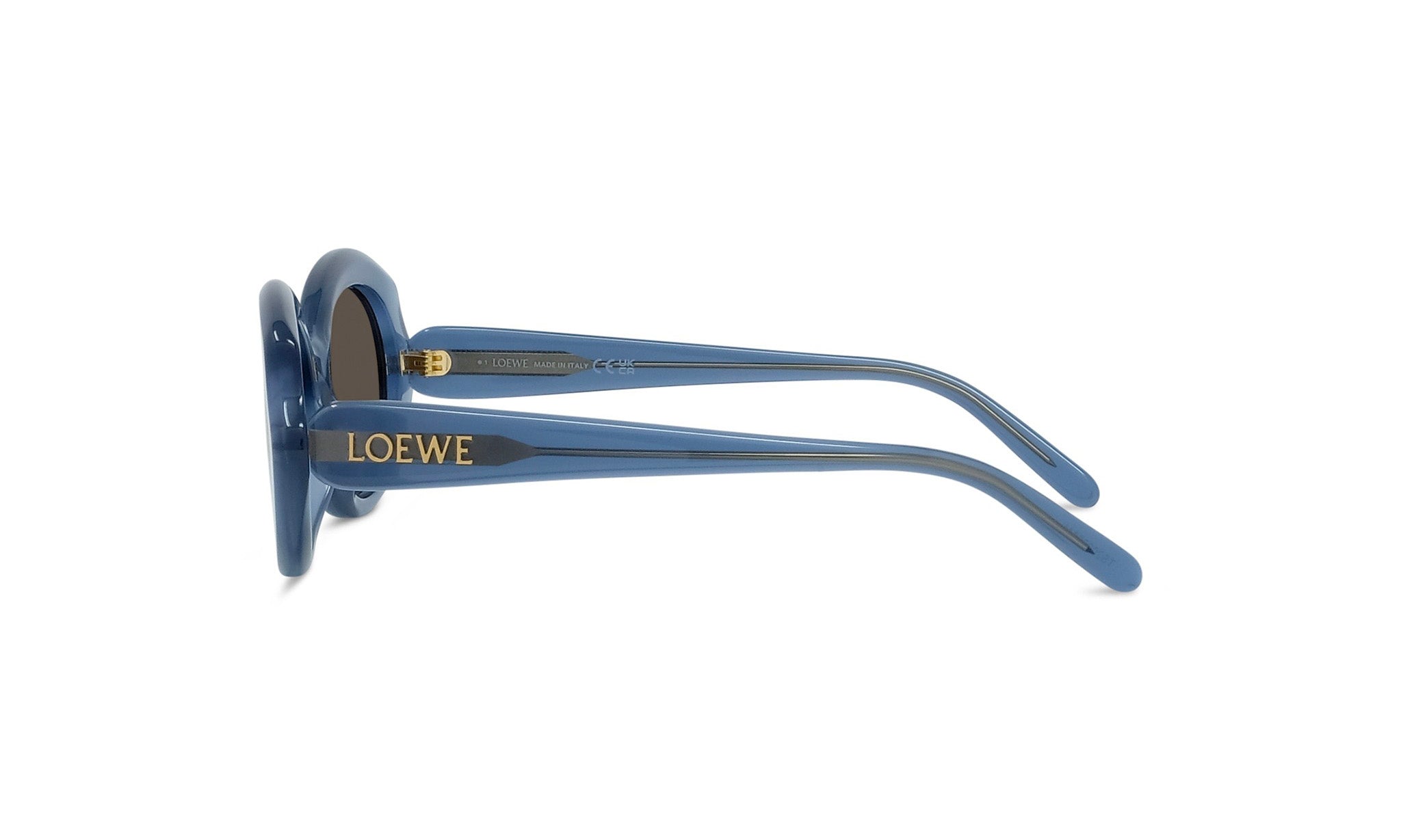 A pair of blue sunglasses with the brand name "LOEWE" printed on the frame.