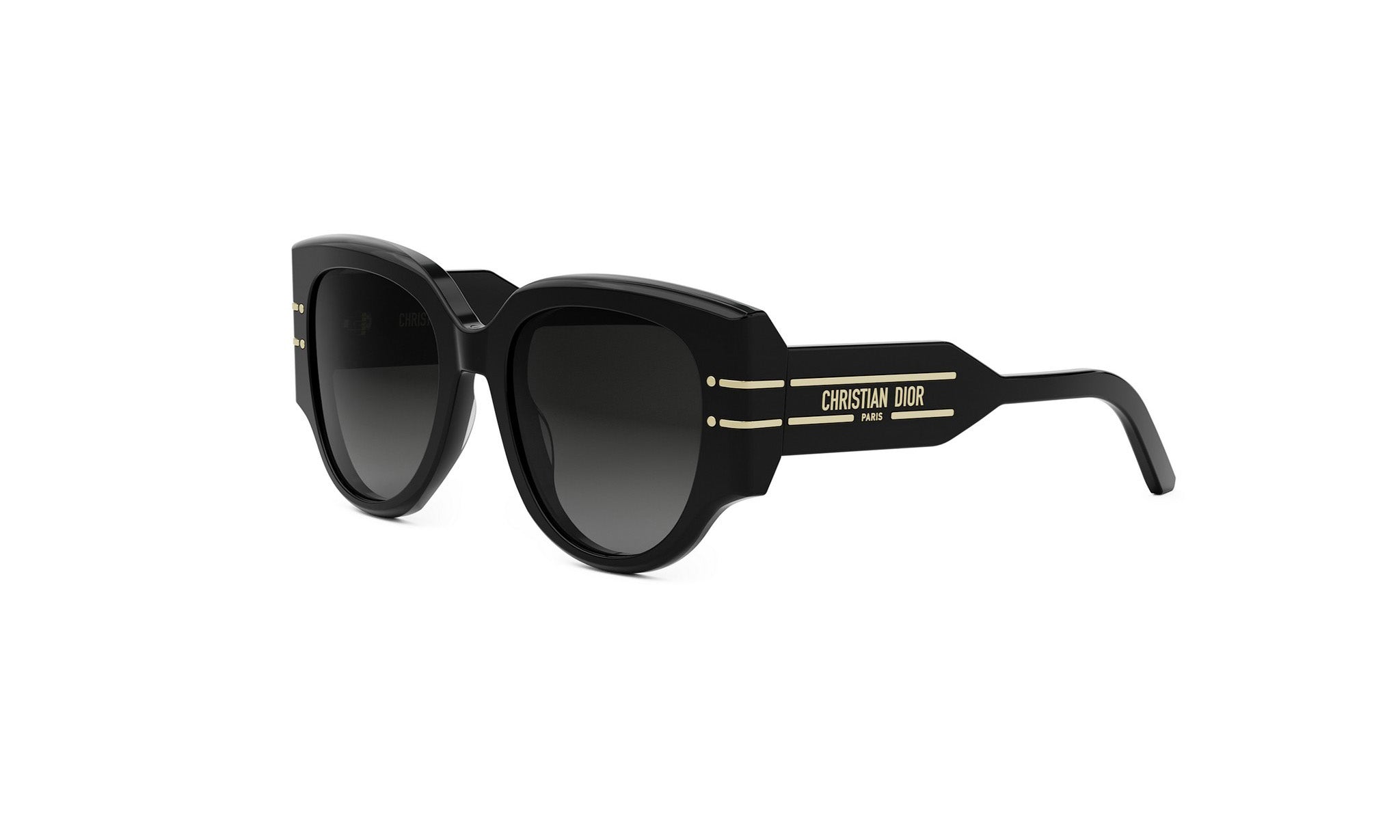 A pair of black sunglasses with gold accents and the brand name "Christian Dior" printed on the side.