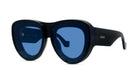 A pair of black sunglasses with blue lenses, featuring the brand name "LOEWE" on the frame.