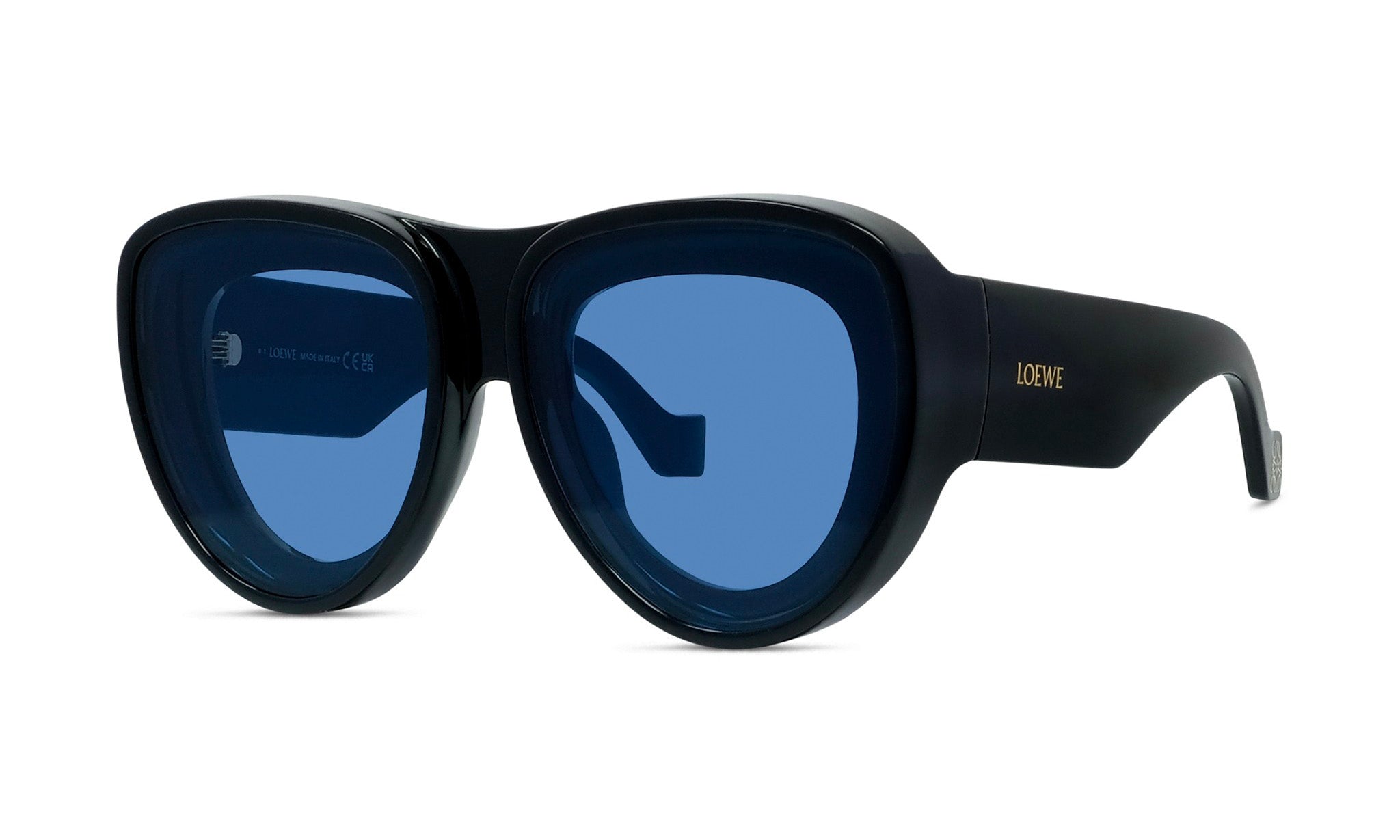 A pair of black sunglasses with blue lenses, featuring the brand name "LOEWE" on the frame.