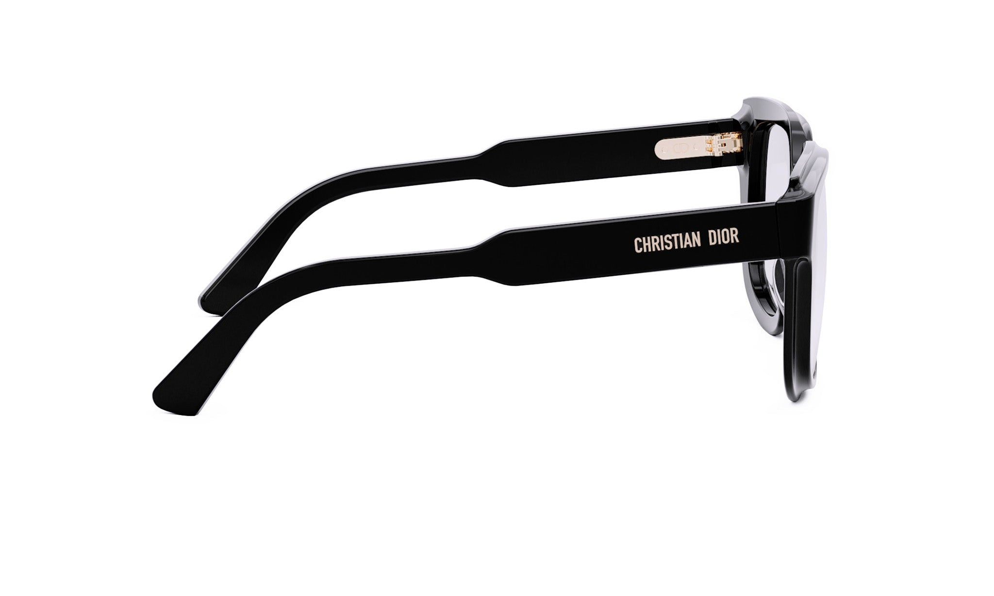 A pair of black Christian Dior sunglasses with gold accents.