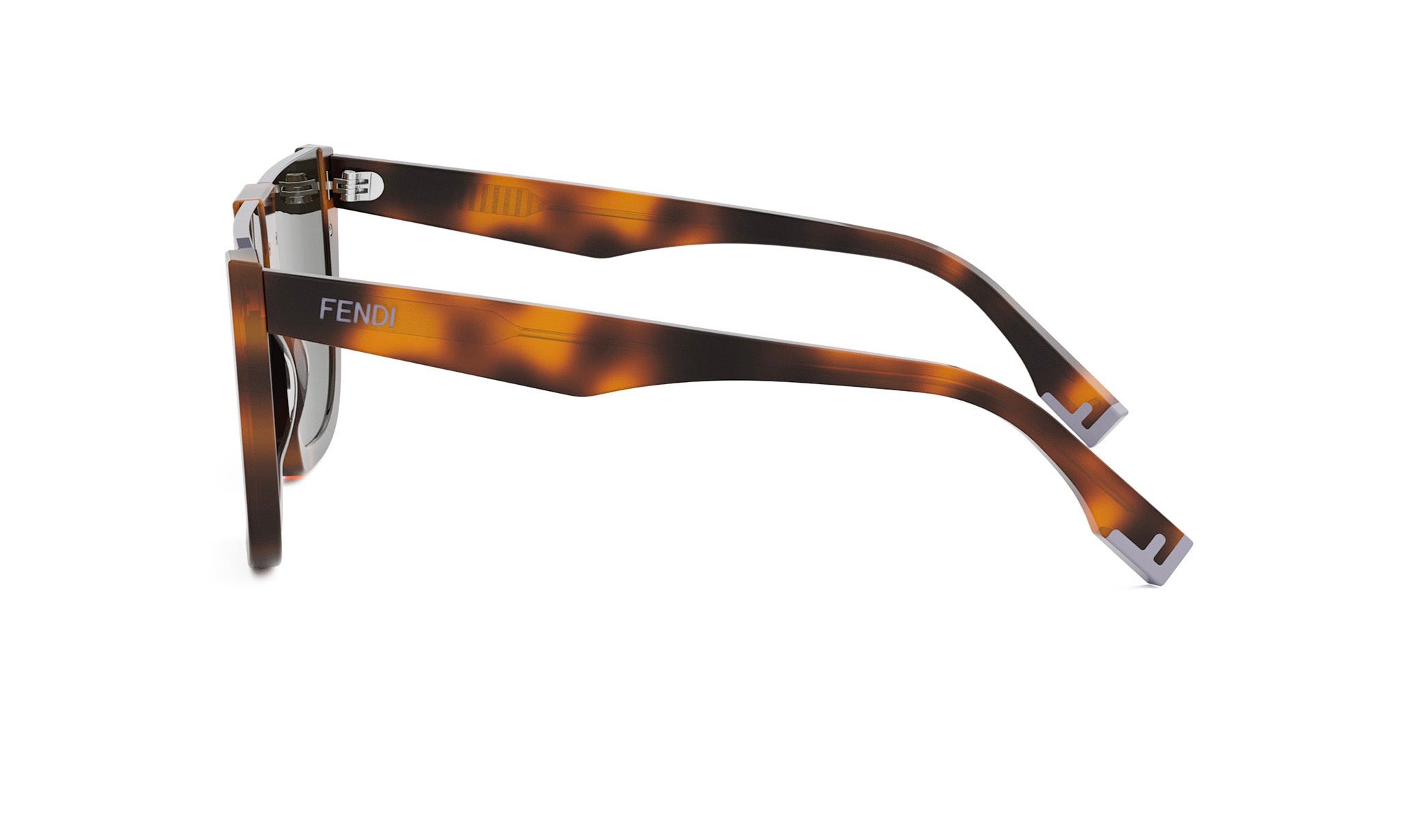 A pair of sunglasses with a tortoiseshell frame and the Fendi logo visible.