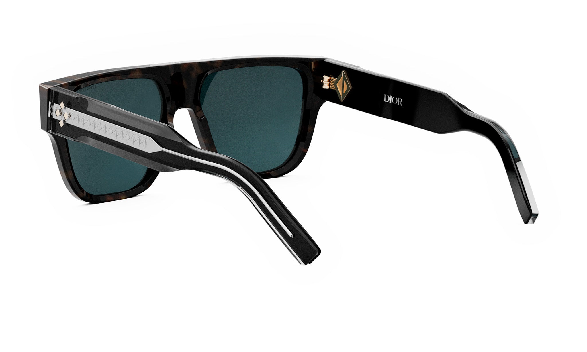 A pair of black sunglasses with a Dior logo on the frame.