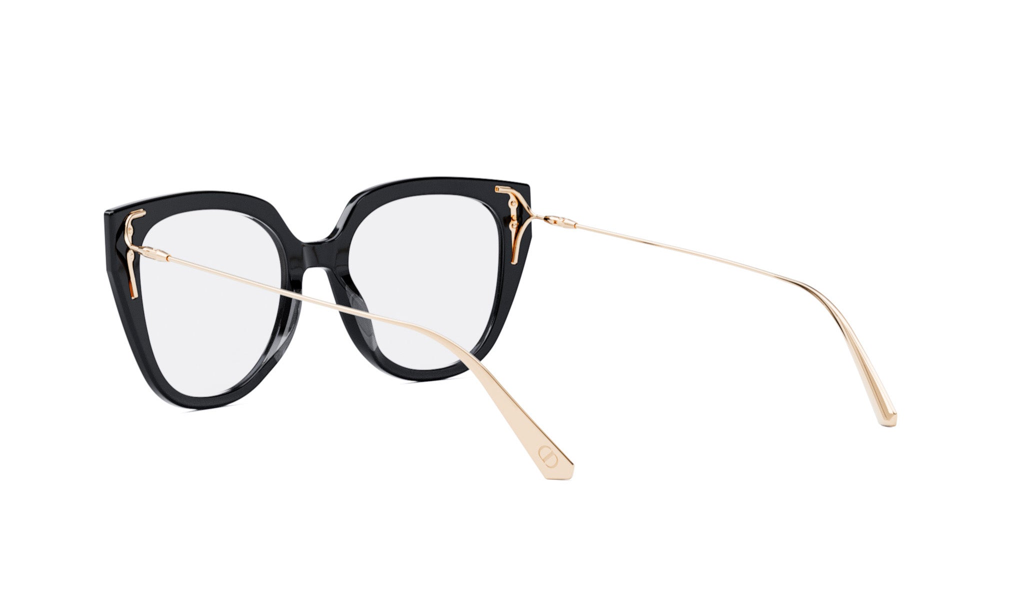 A pair of black cat-eye framed glasses with gold accents, positioned on a white background.