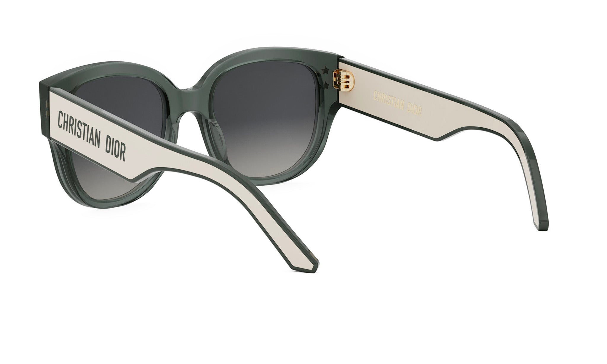 A pair of green and white Christian Dior sunglasses with a white frame and black temples.
