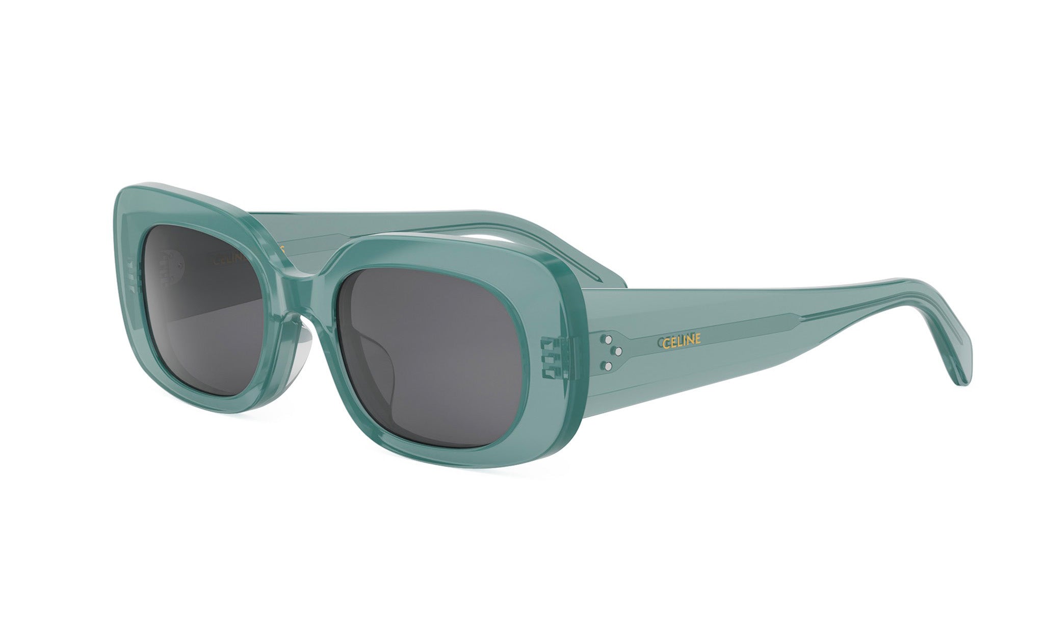 A pair of green-framed sunglasses with dark lenses.