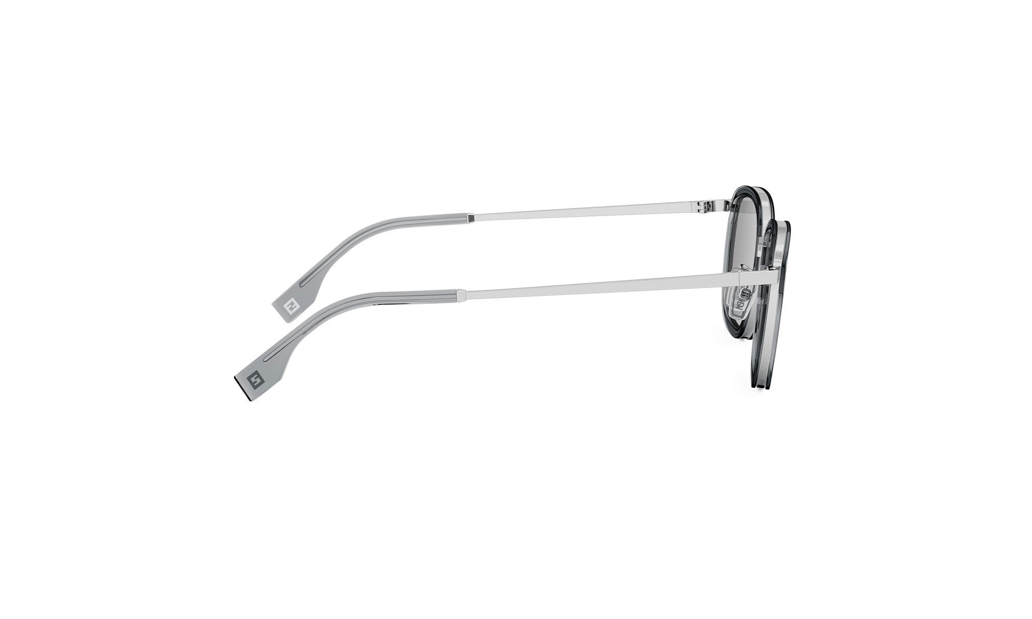 A pair of silver-framed sunglasses with a sleek, modern design.