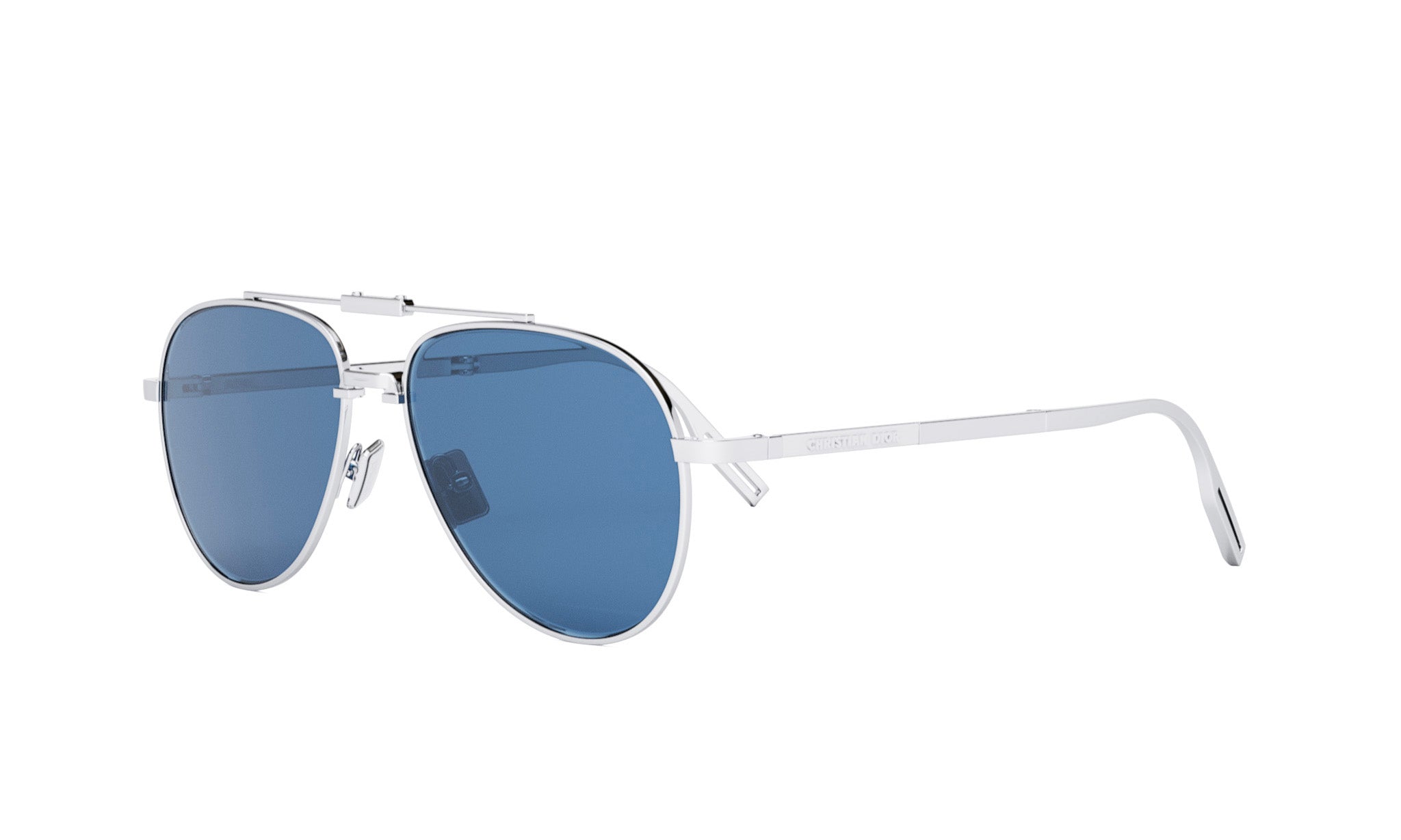 A pair of silver aviator sunglasses with dark blue lenses.