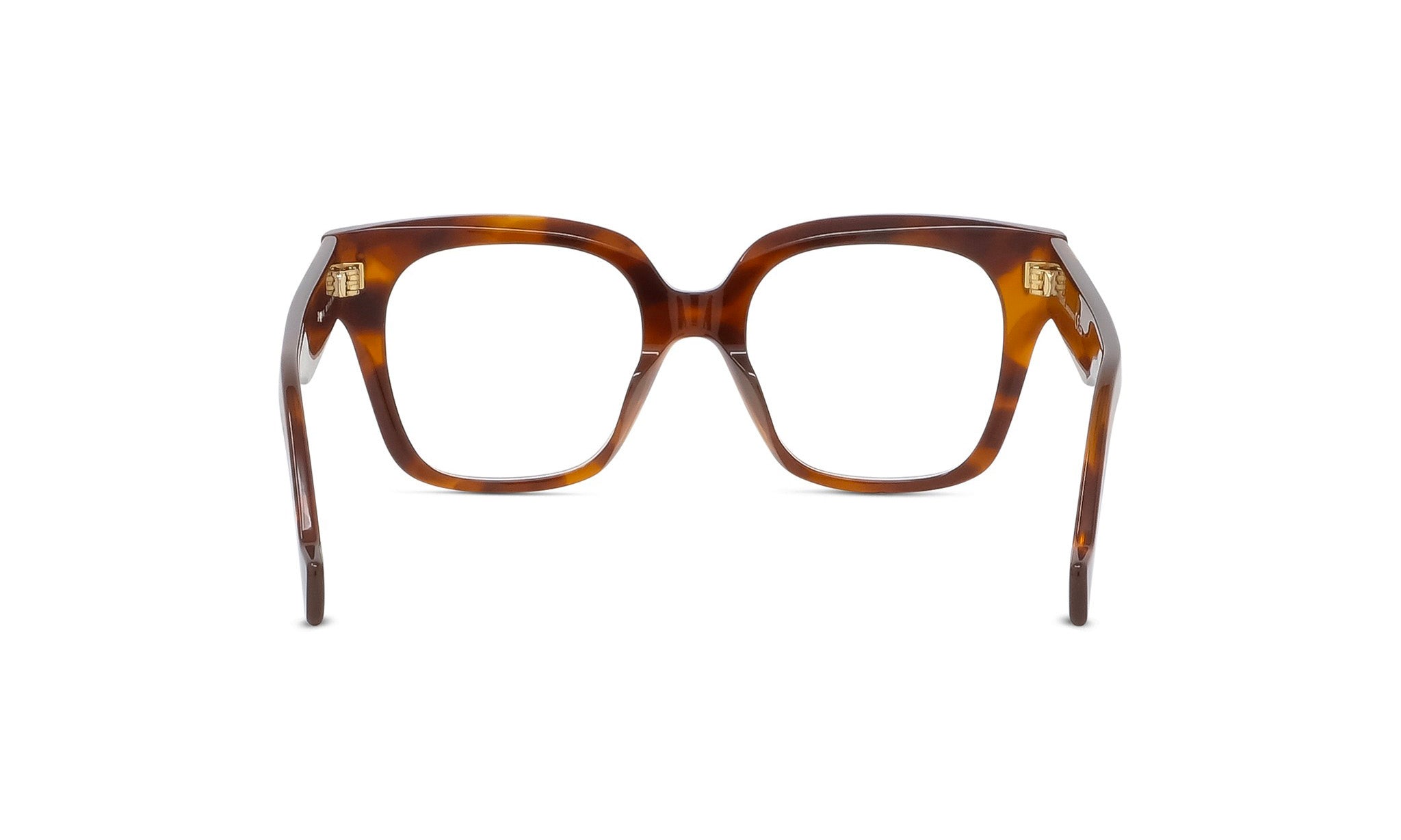 A pair of brown-framed glasses with gold-colored temples, positioned against a white background.