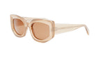 A pair of tan-colored sunglasses with a distinctive, angular frame.