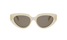 A pair of white cat-eye sunglasses with dark lenses.