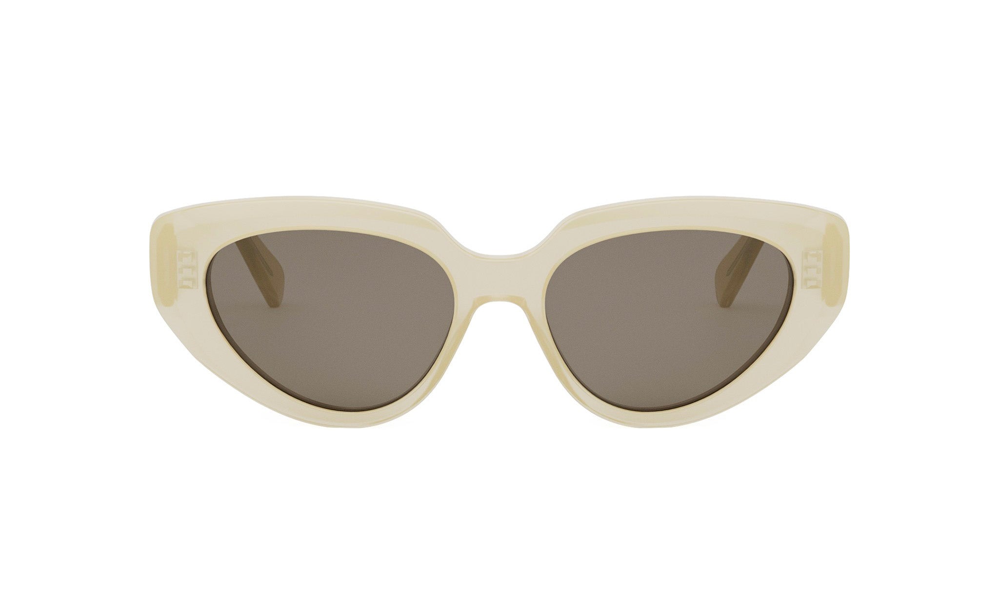 A pair of white cat-eye sunglasses with dark lenses.