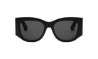 A pair of black sunglasses with dark lenses.