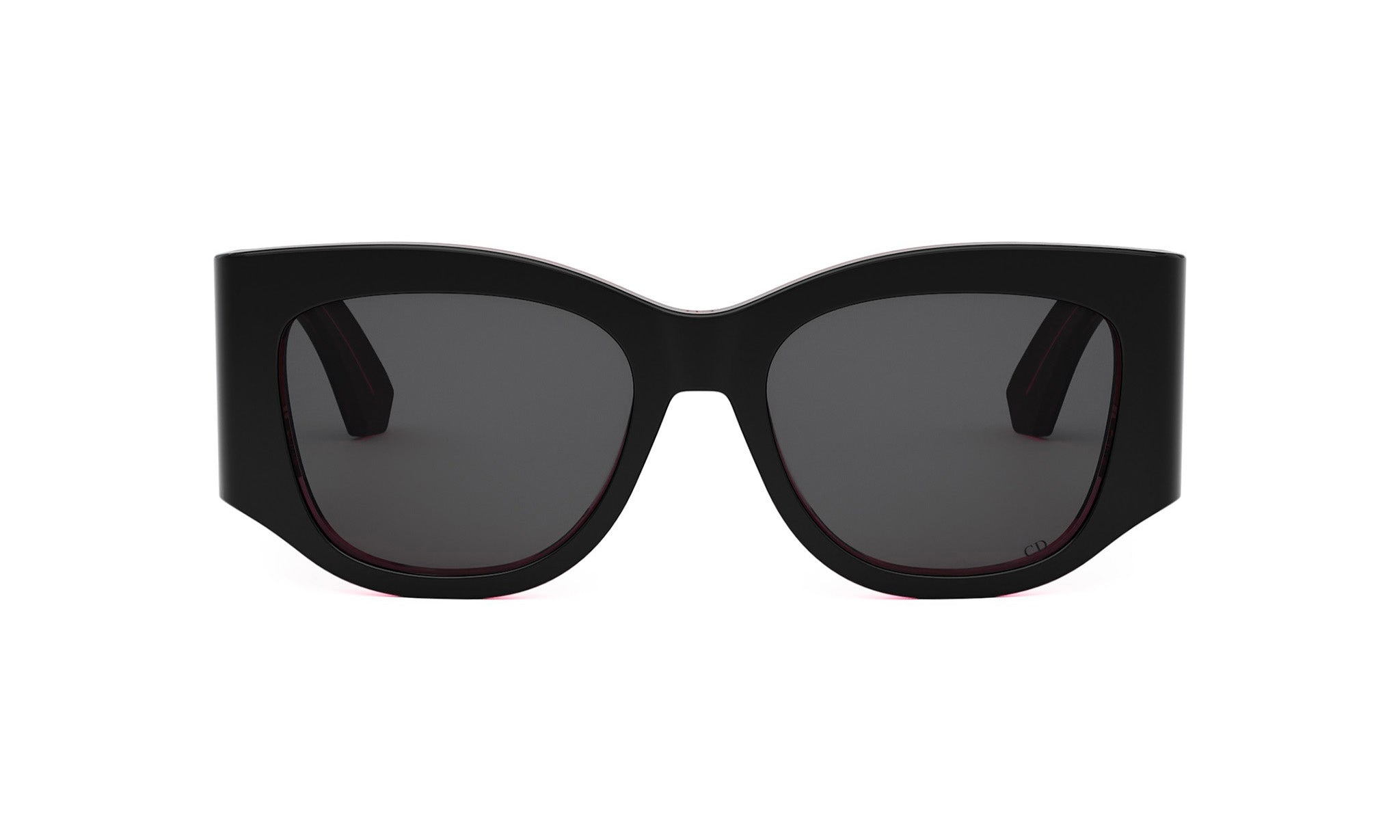 A pair of black sunglasses with dark lenses.