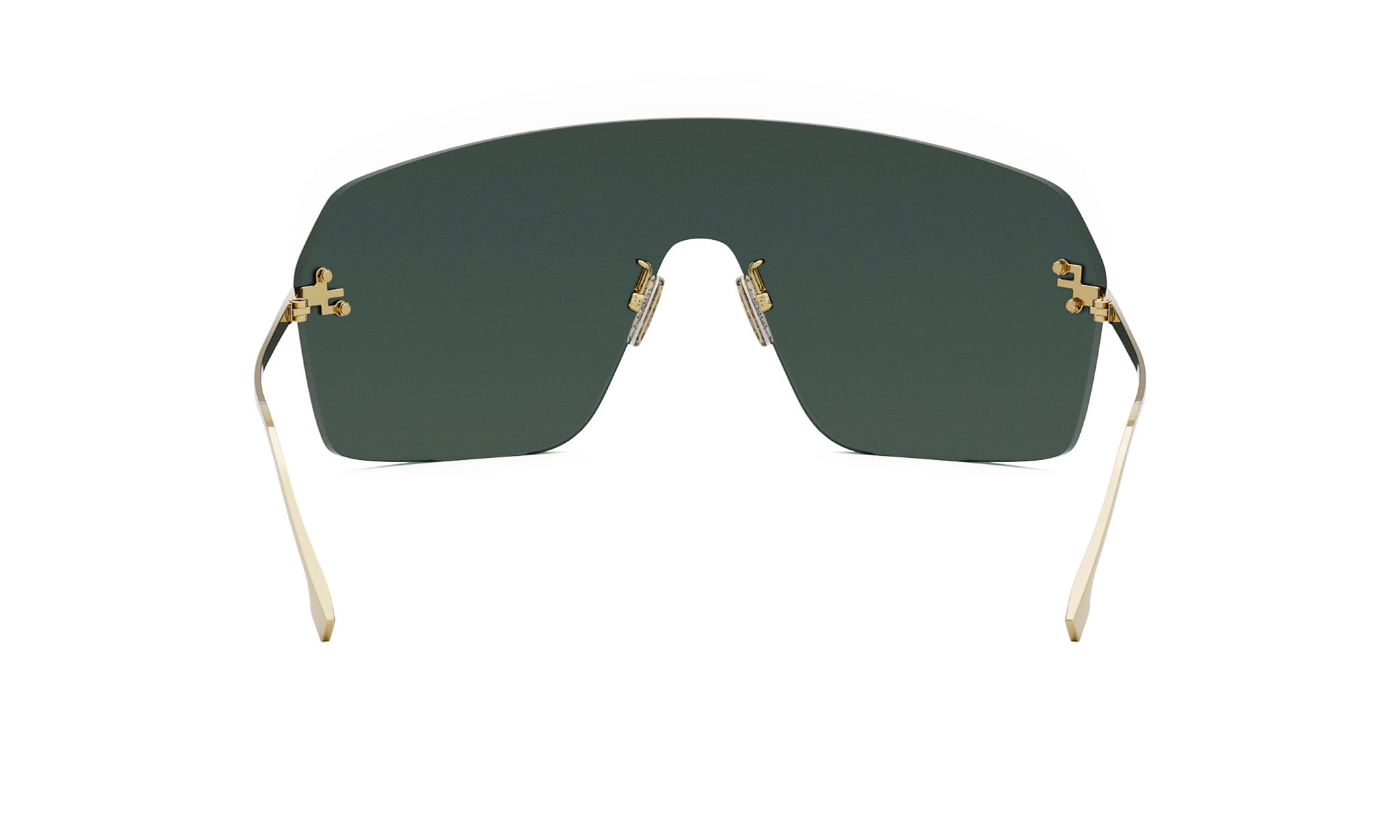 A pair of dark green sunglasses with gold-colored metal accents.