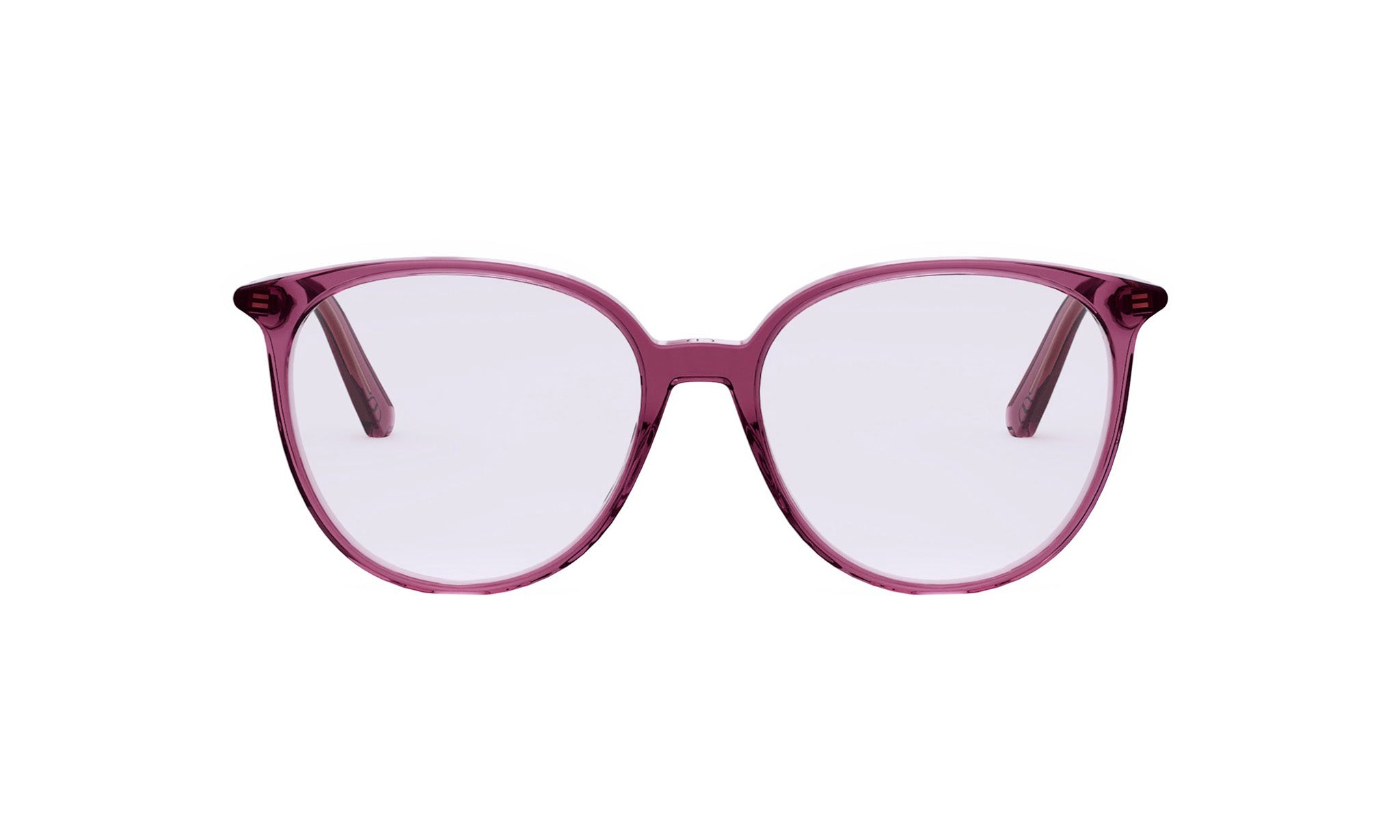 A pair of purple-tinted glasses with a round frame and dark temples.