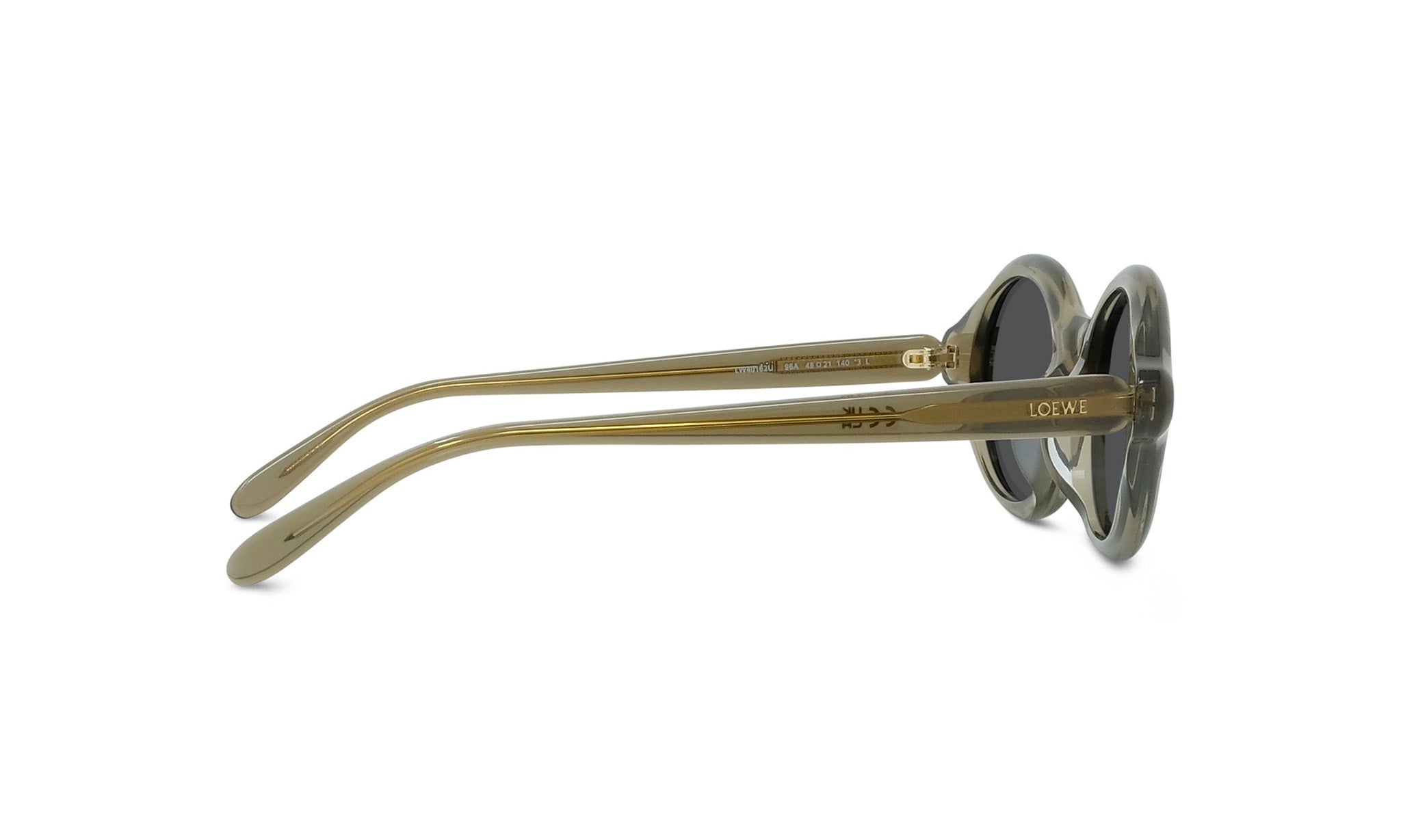 A pair of tan-colored sunglasses with the LESS THAN 500 characters logo on the frame.