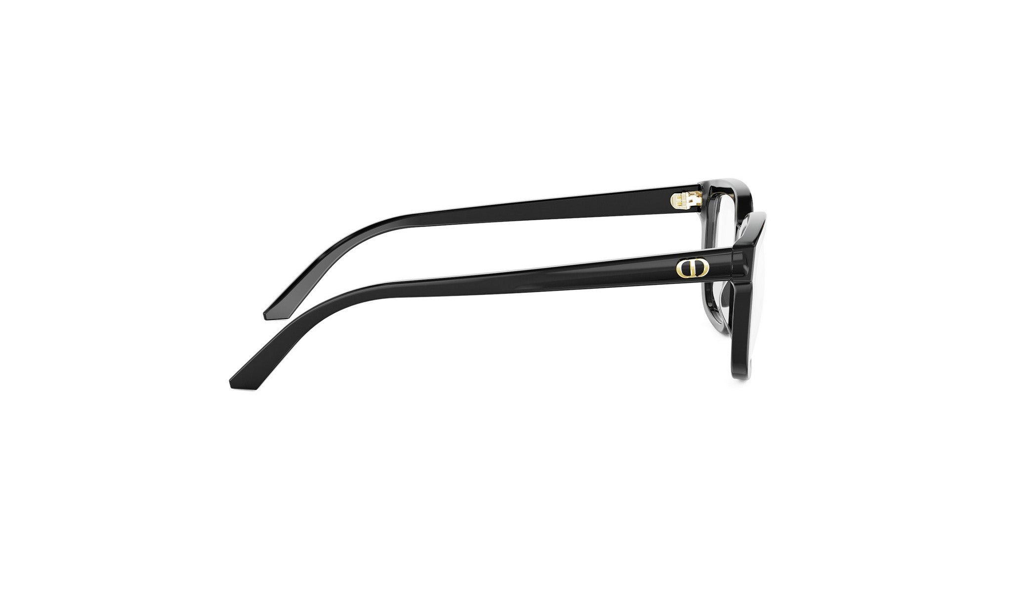 A pair of black-framed glasses with a gold logo on the temples.