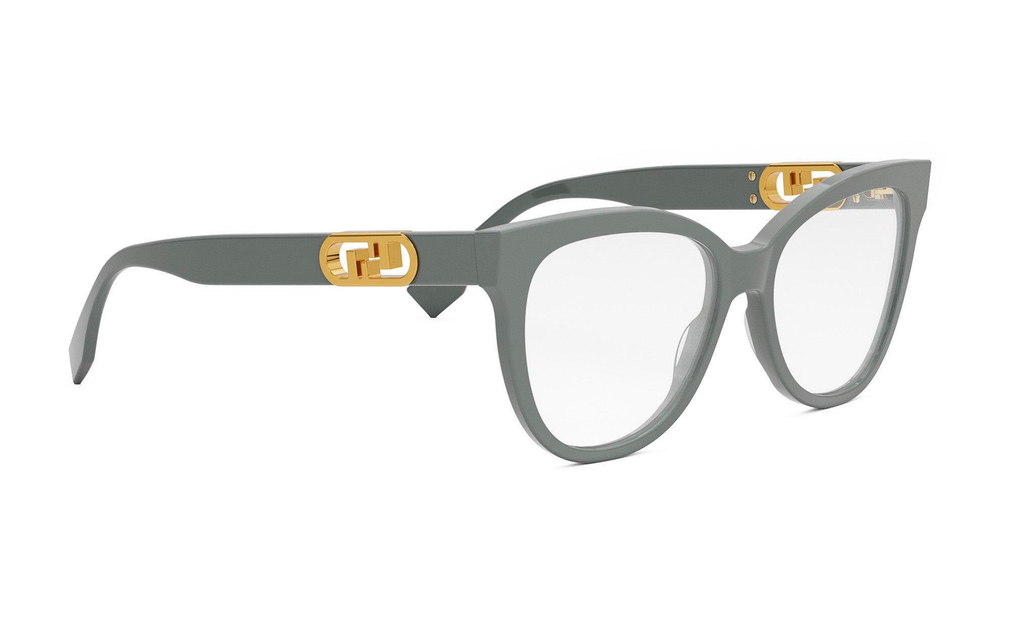 A pair of stylish, gray-framed glasses with gold accents.