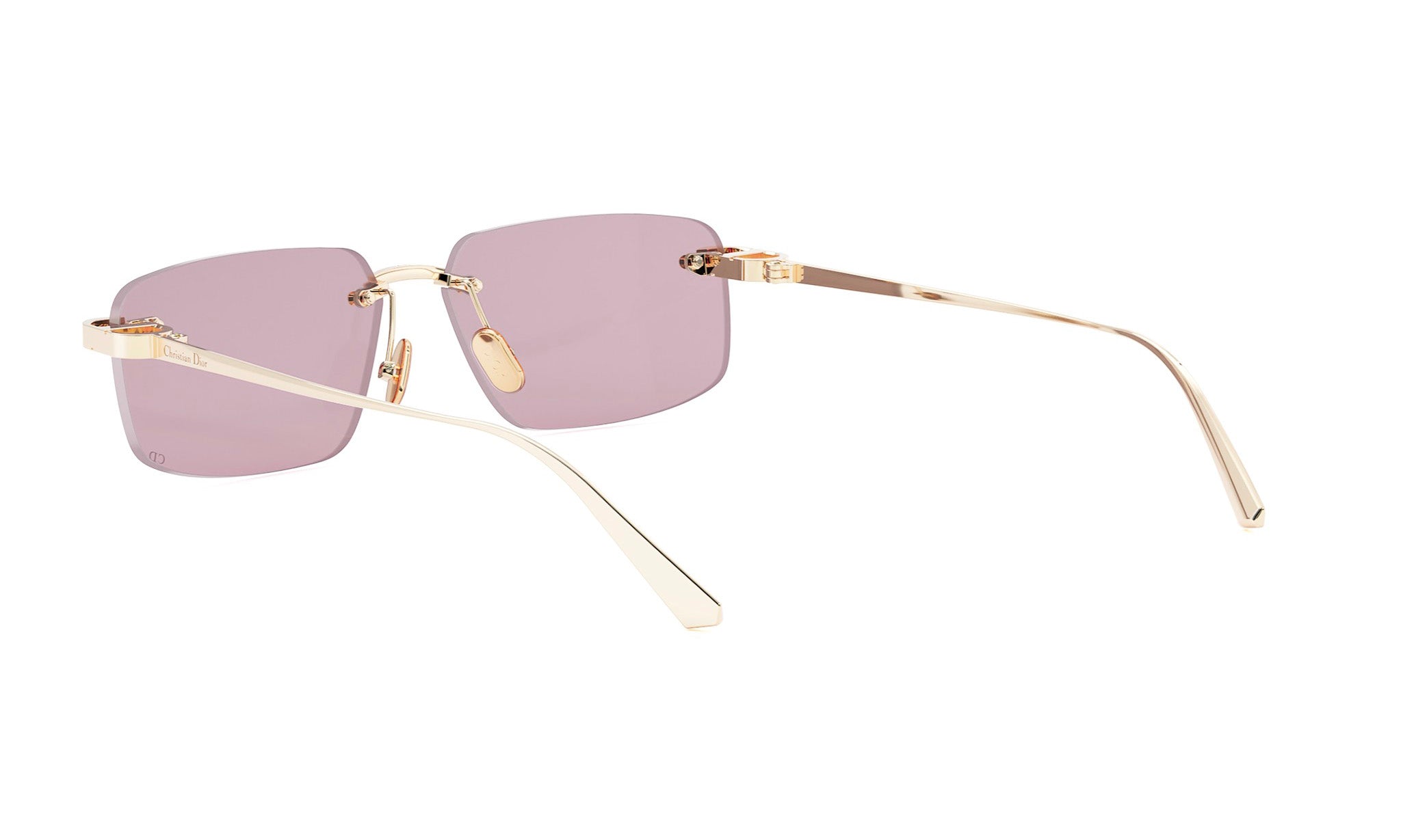 A pair of gold-colored sunglasses with purple lenses.