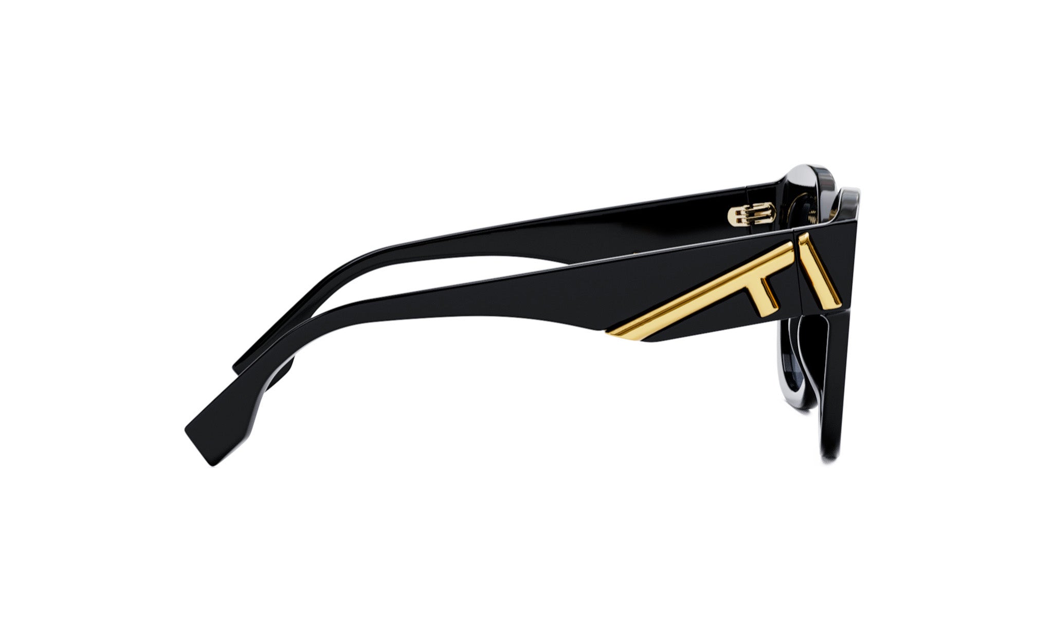 A pair of black sunglasses with gold accents, featuring a distinctive logo on the frame.