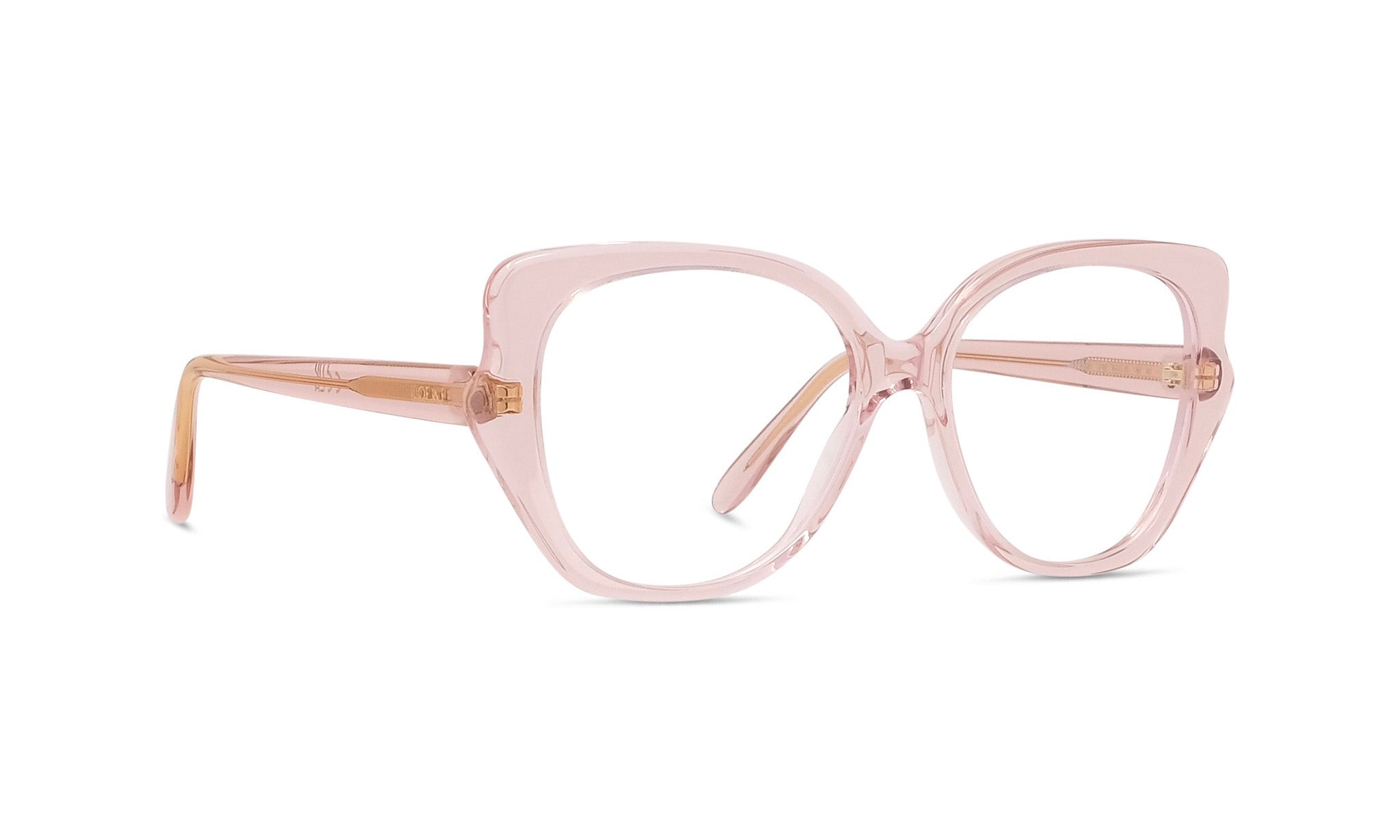A pair of pink-framed glasses with a clear lens.