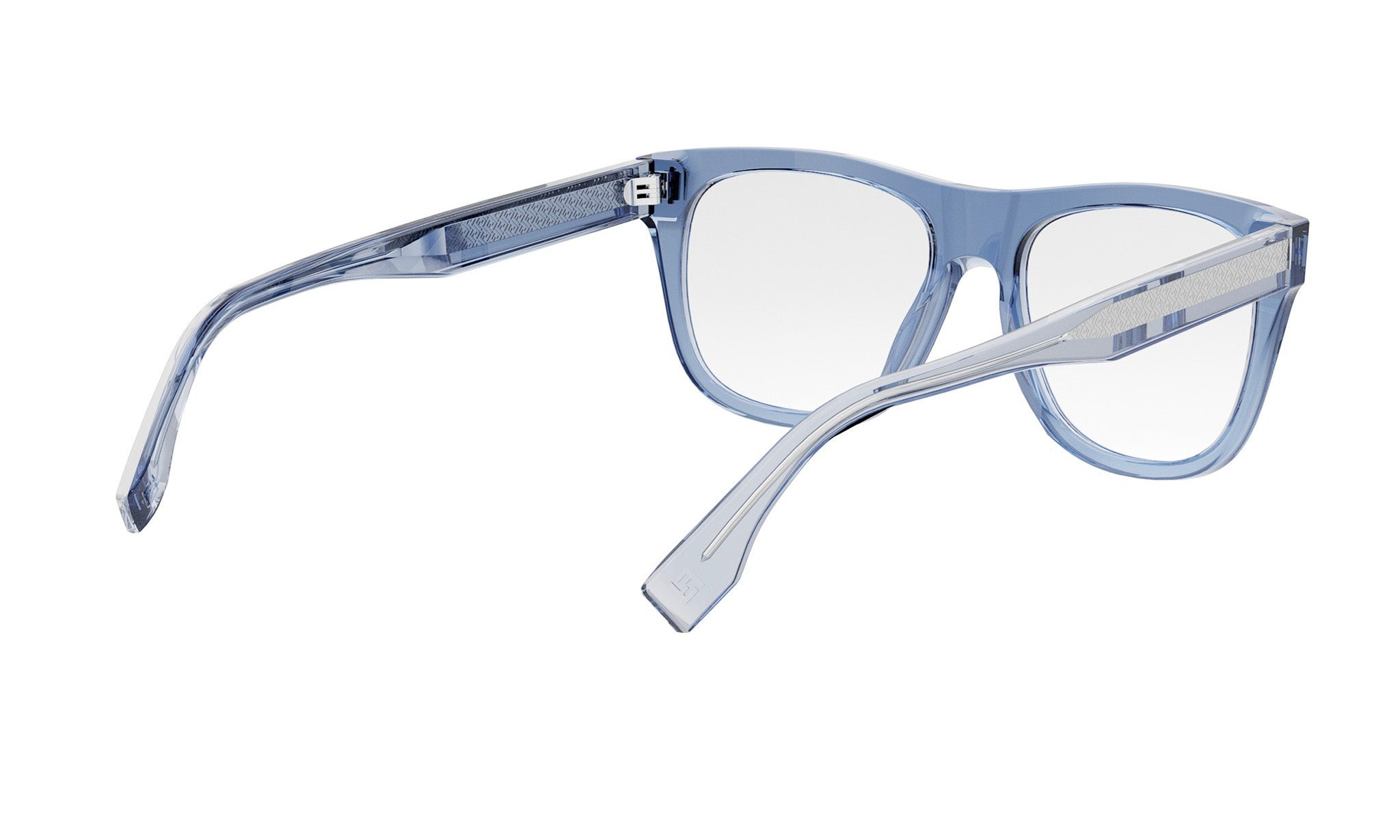 A pair of blue-tinted glasses with clear lenses, positioned on a white background.