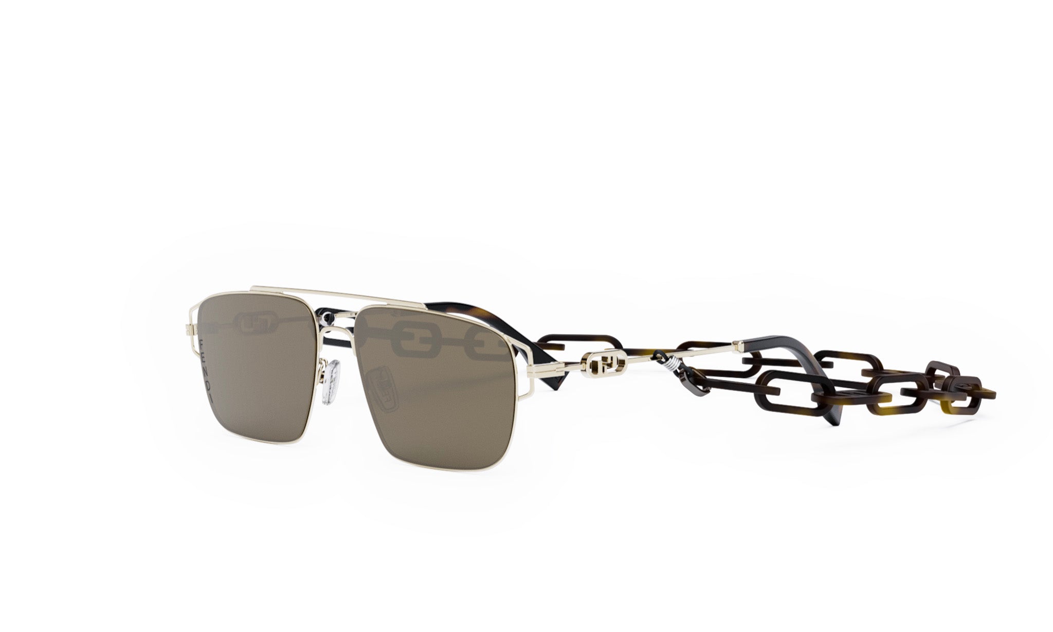 A pair of sunglasses with a chain strap, displayed against a white background.
