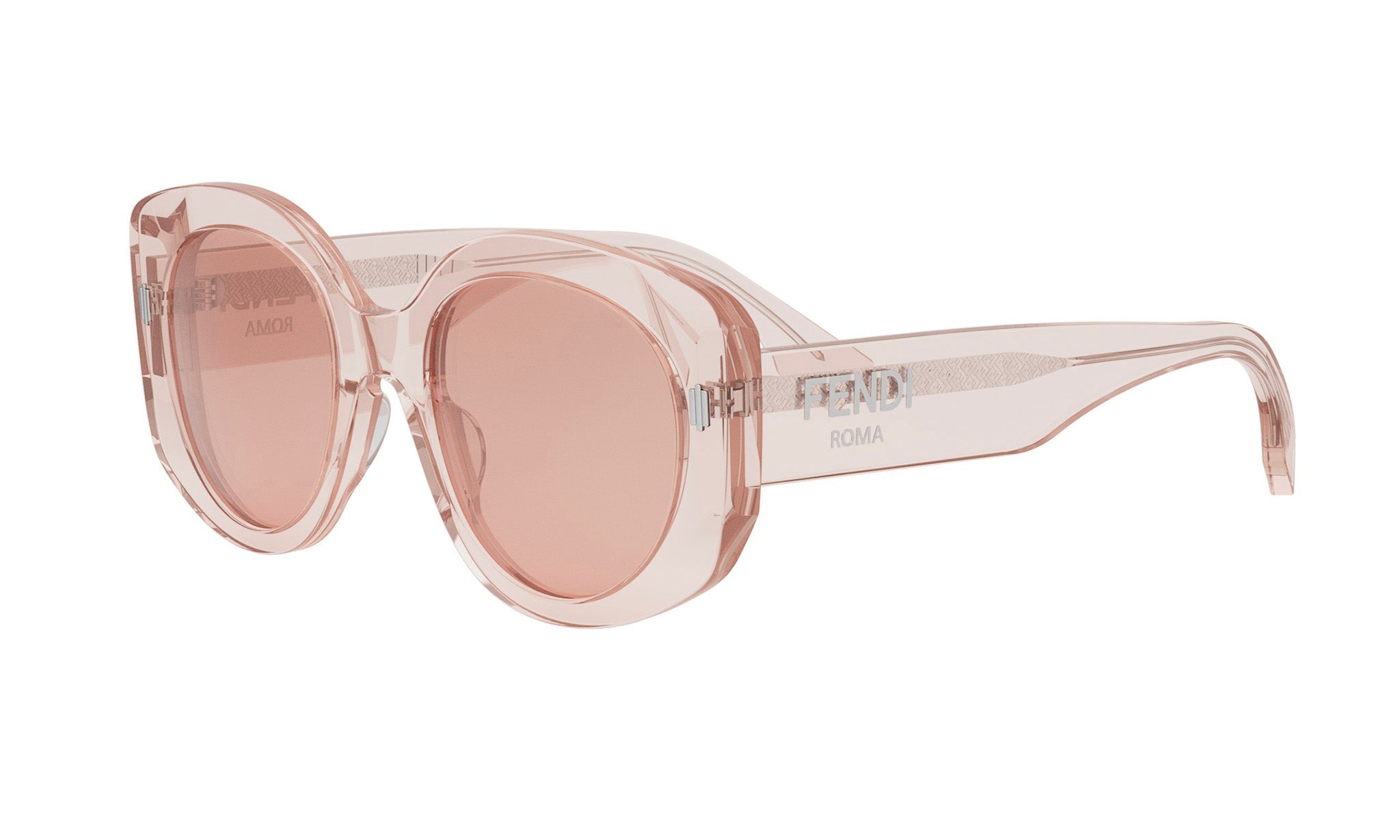 A pair of pink-tinted sunglasses with the Fendi logo visible on the frame.