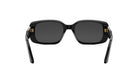 A pair of black sunglasses with dark lenses.
