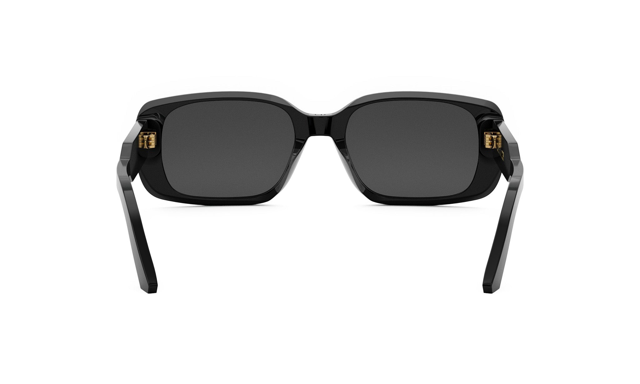 A pair of black sunglasses with dark lenses.