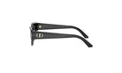 A pair of black sunglasses with a gold logo on the frame.