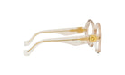 A pair of elegant, gold-colored eyeglasses with a delicate floral design on the temples.
