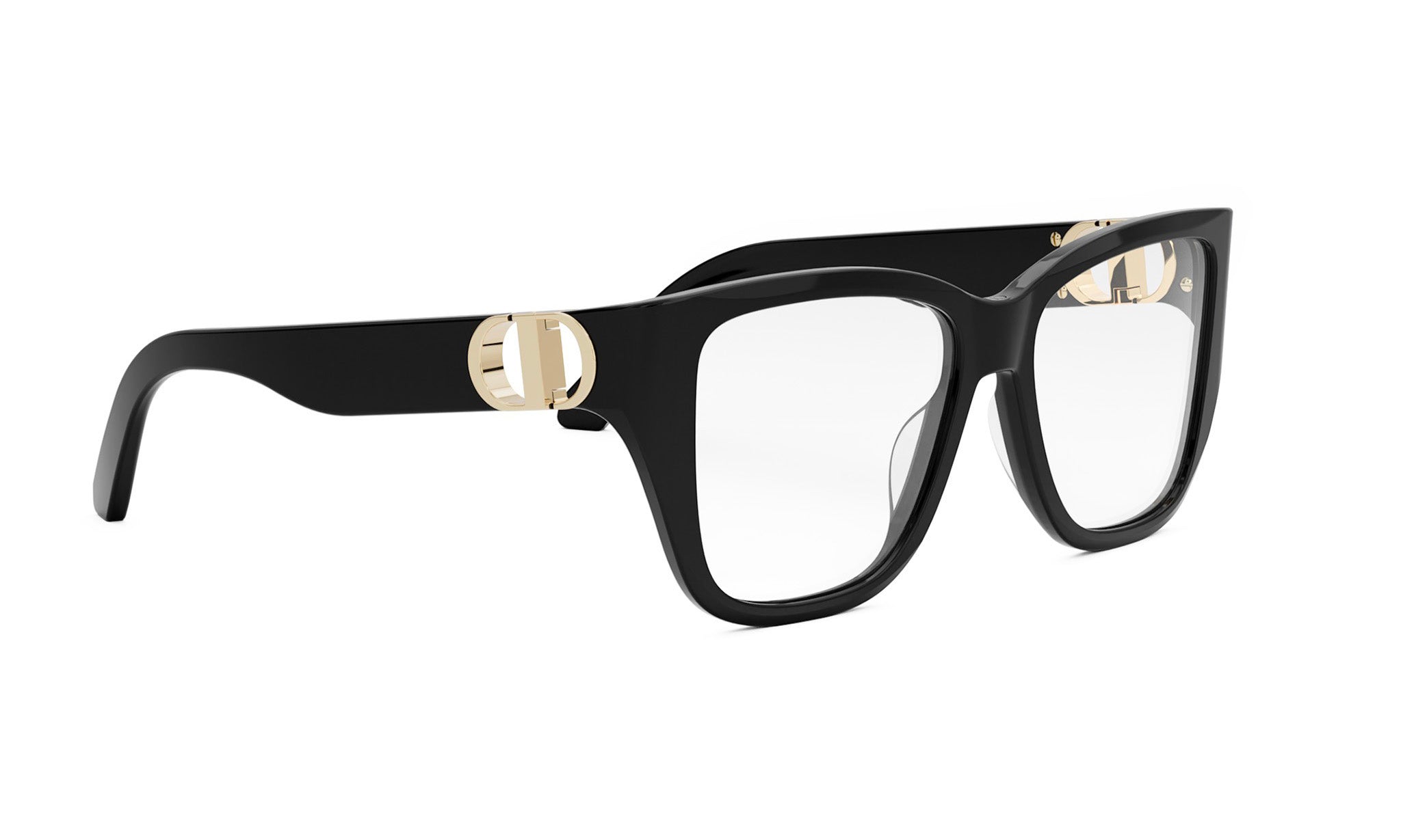 A pair of black-framed glasses with gold accents.