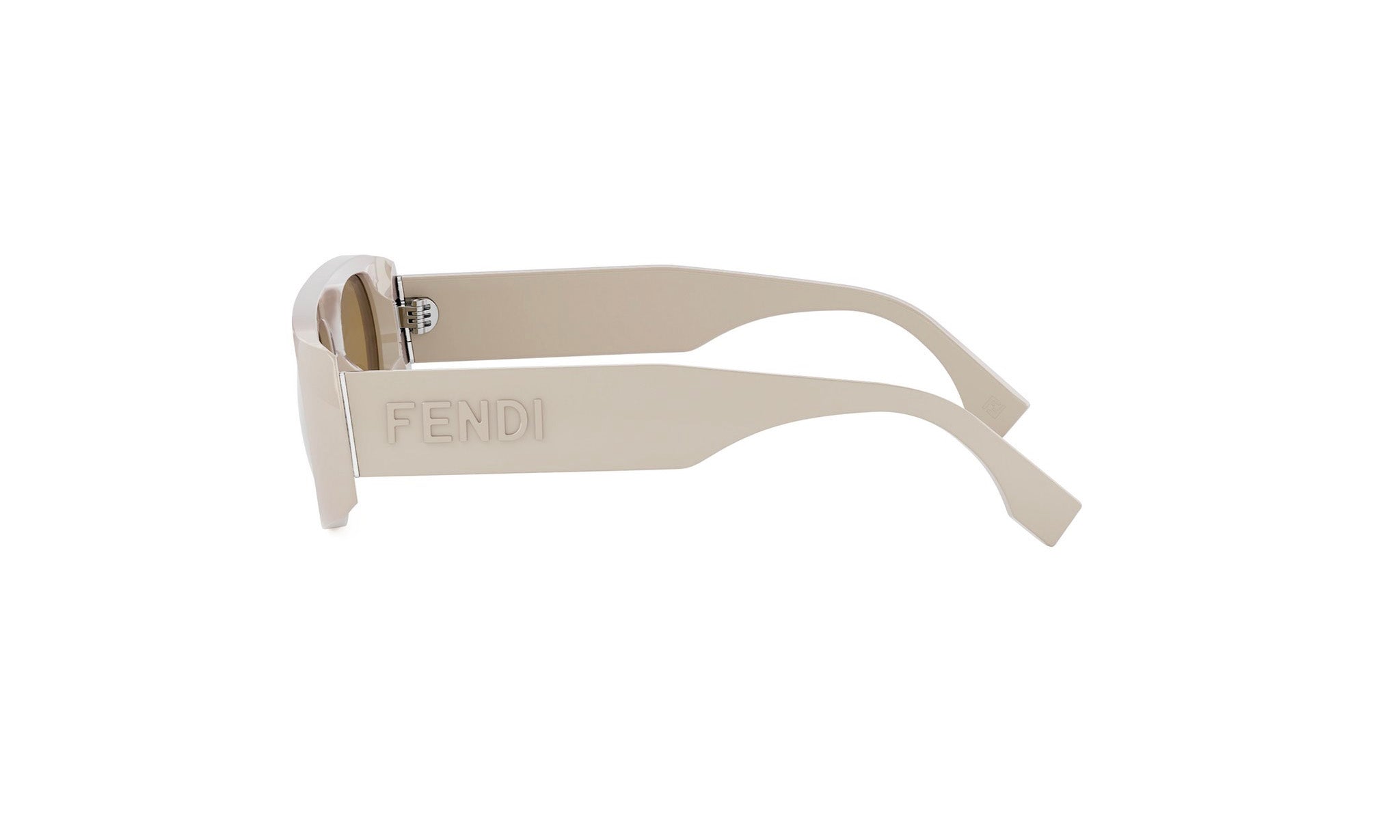 A pair of beige Fendi sunglasses with the brand name prominently displayed on the frame.