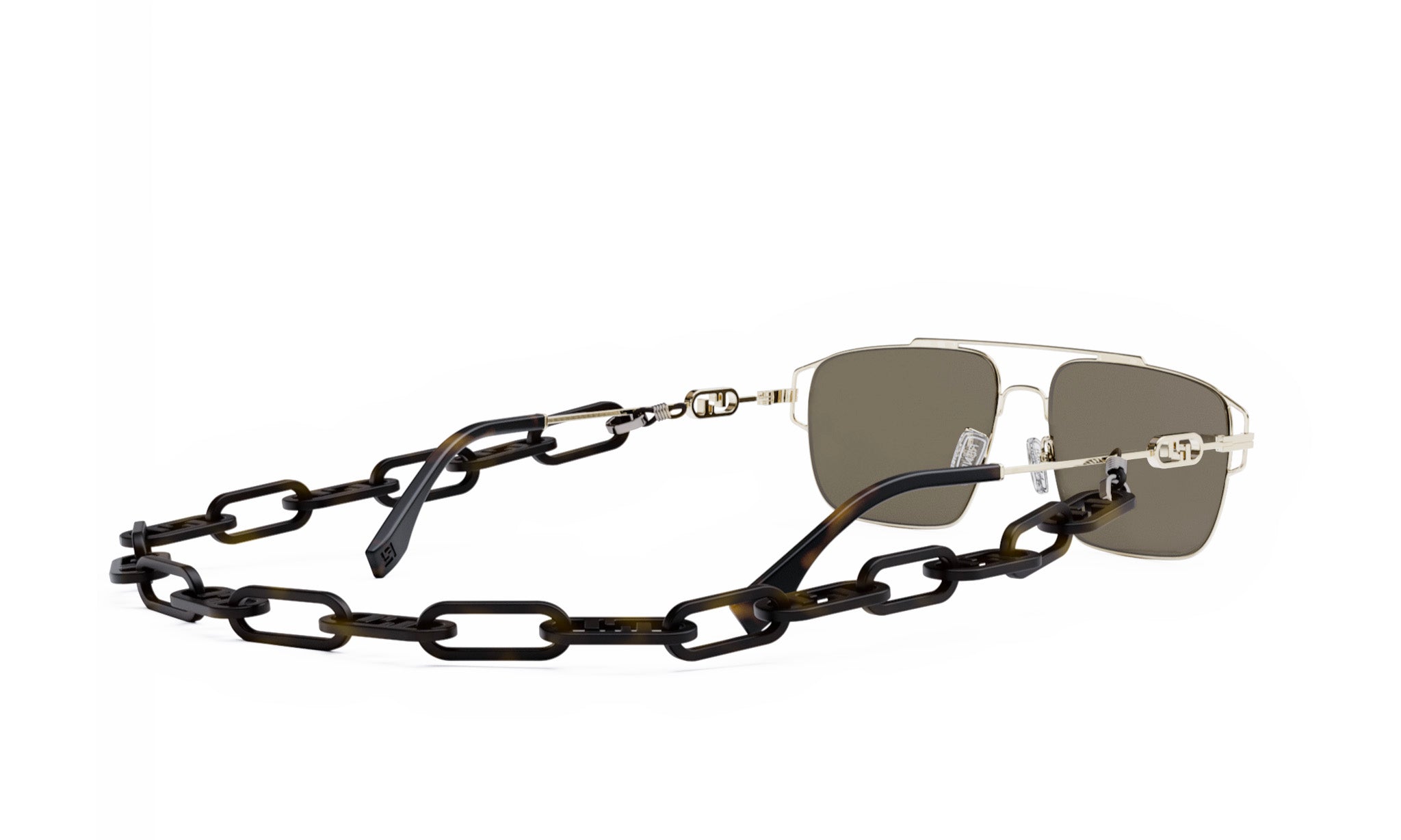 A pair of sunglasses with a chain strap, which is black in color.